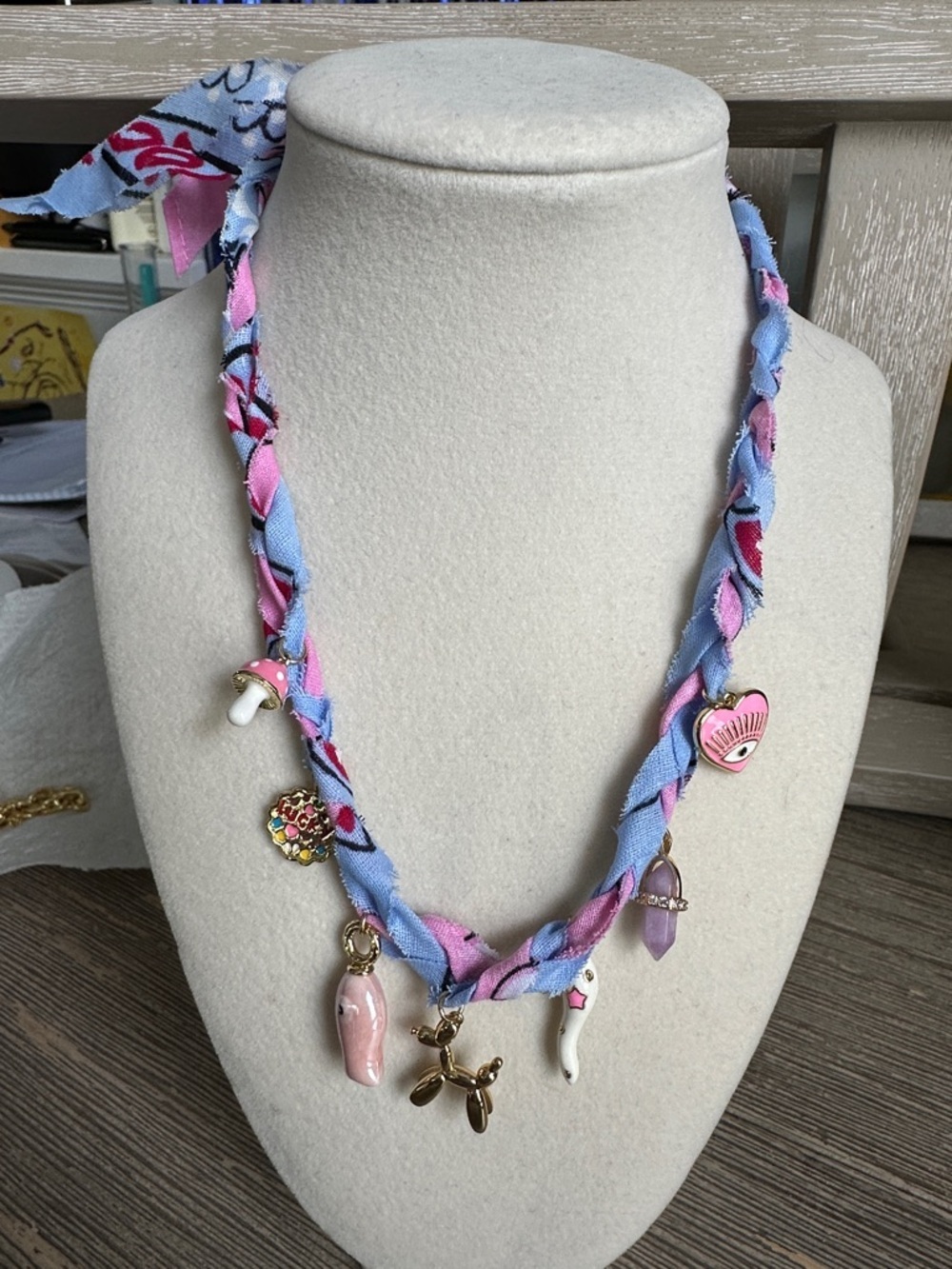 Pink & Light Blue Braided Bandana Charm Necklace
